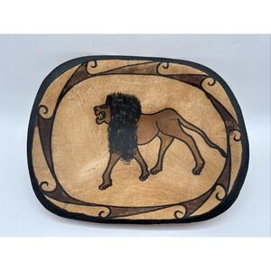 African Folk Art Hand Carved and Hand Painted Oval Bowl Lion Wooden